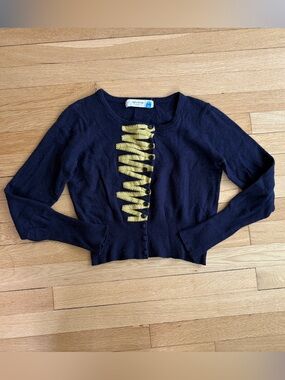 sparrow ANTHROPOLOGIE Navy Blue Zigzag Ribbon Accent Wool Blend Cardigan S/M